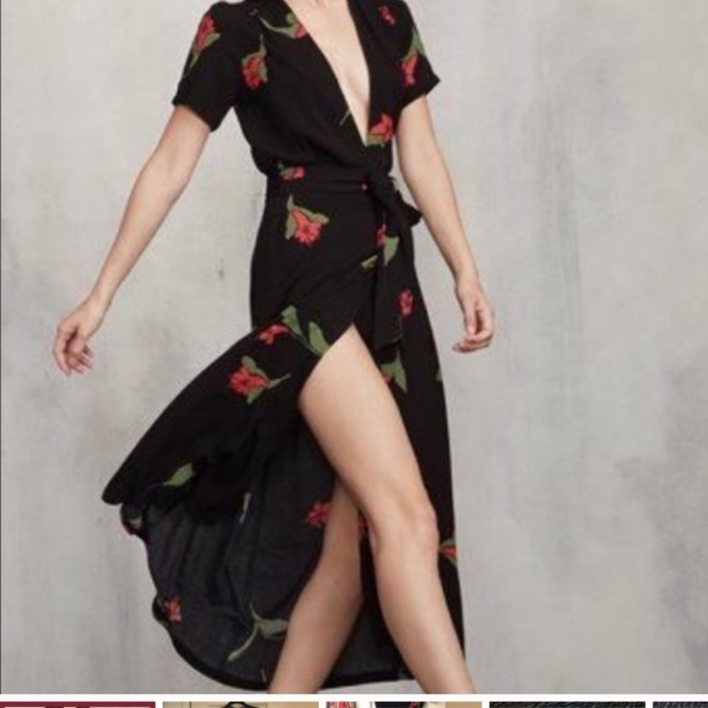 Reformation Hadley Wrap Dress Black Floral Midi Plunge Size XS